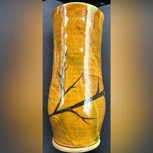 Beautiful Golden Colored Vase Ceramic Pottery Tree Branch Design Signed 7”